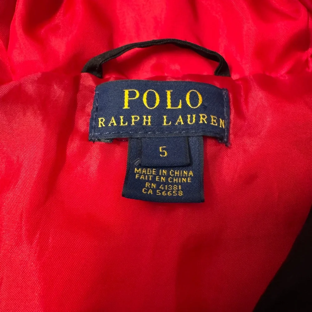 Polo Ralph Lauren Boys Black Down Puffer Jacket Red Lining Hooded Coat Size 5